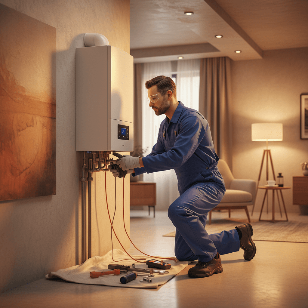 Experienced heating engineer servicing a boiler installation